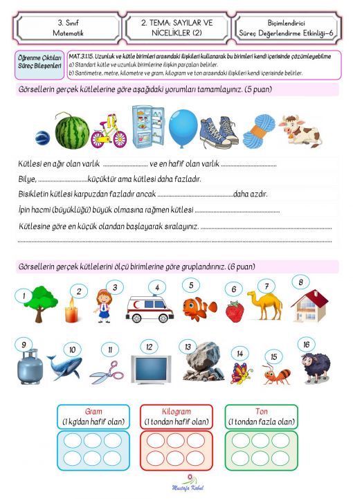 3.Sınıf Kütle Ölçme Süreç Değerlendirme