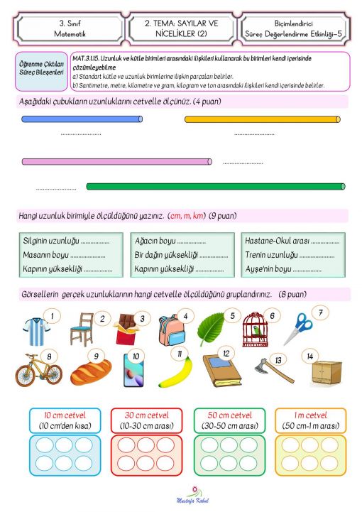 3.Sınıf Uzunluk Ölçme Süreç Değerlendirme Etkinliği