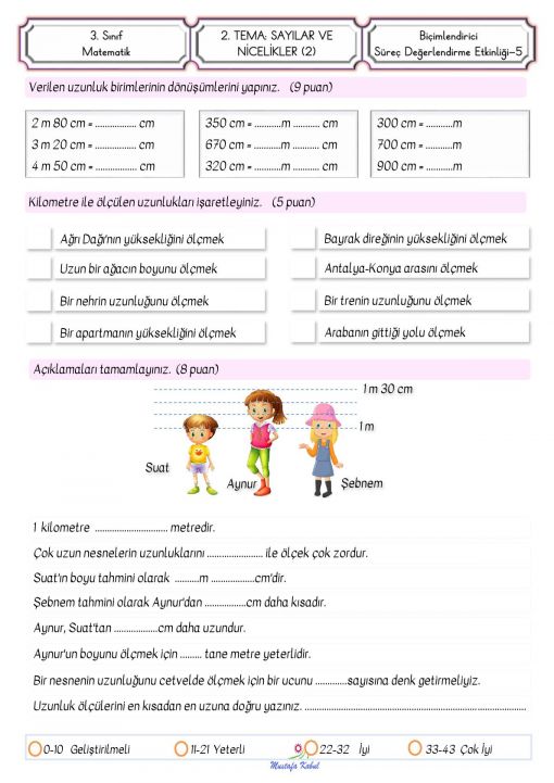 3.Sınıf Uzunluk Ölçme Süreç Değerlendirme Etkinliği