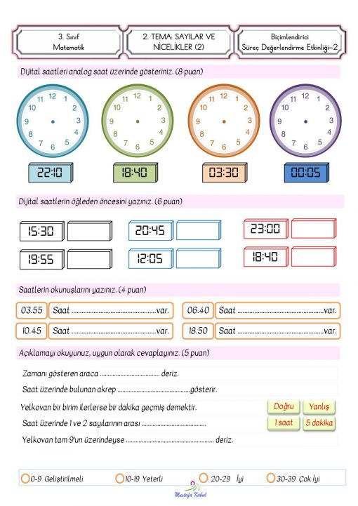3.Sınıf Zaman Süreç Değerlendirme Etkinliği