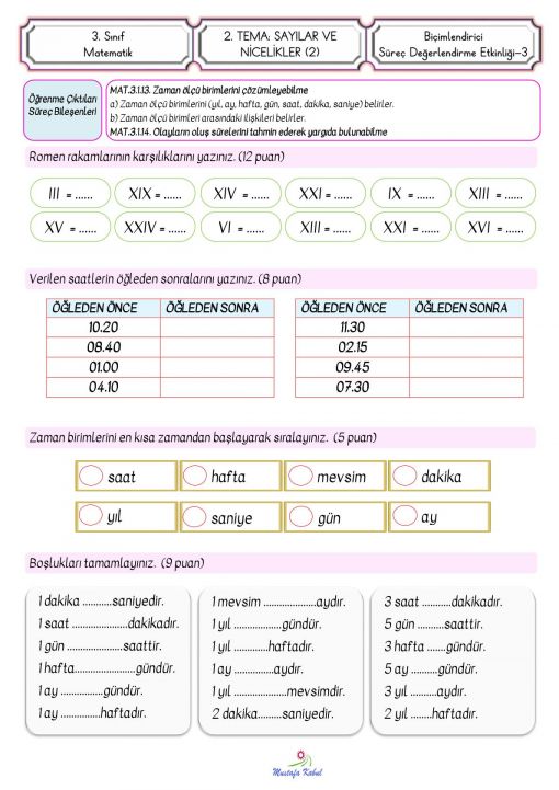 3.Sınıf Zaman Süreç Değerlendirme Etkinliği