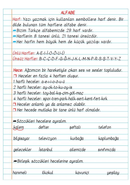 3.Sınıf 1.Hafta Defter Notları ve Konu Özetleri