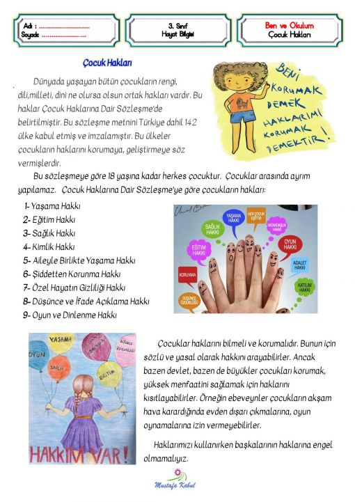  3.Sınıf Ben ve Okulum Çocuk Hakları