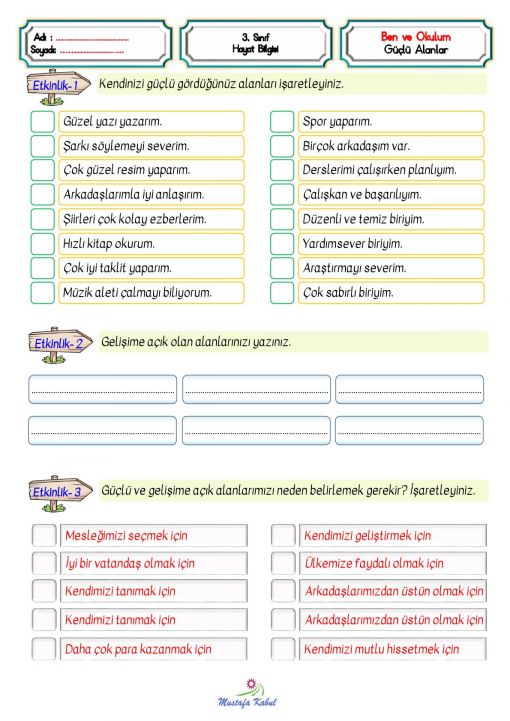   3.Sınıf Ben ve Okulum Güçlü Yönlerim