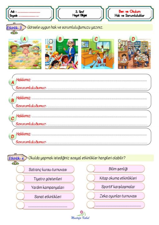    3.Sınıf Ben ve Okulum Çocuk Hakları