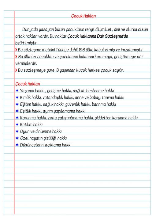 3.Sınıf Çocuk Hakları Defter Notu
