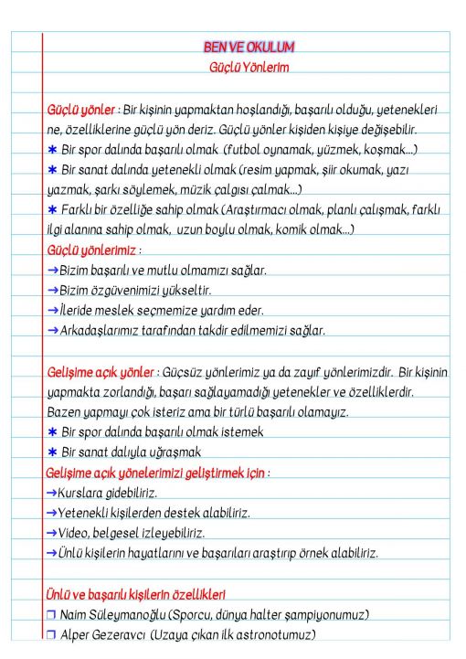  3.Sınıf Güçlü Yönlerimiz Defter Notu