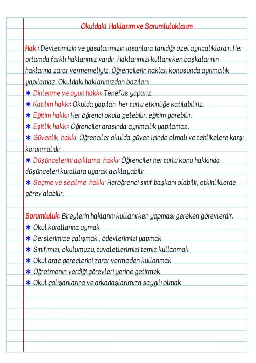 3.Sınıf Okulda Hak ve Sorumluluklar