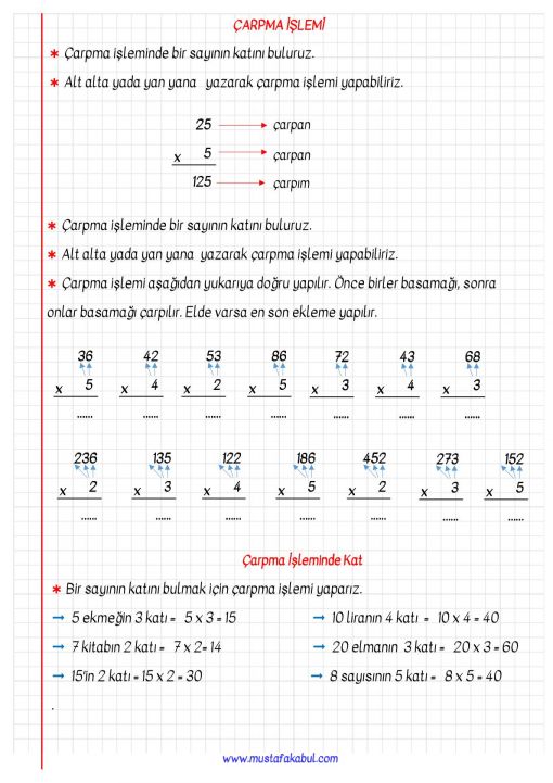 3.Sınıf Çarpma İşlemi Defter Notu ve Konu Özeti