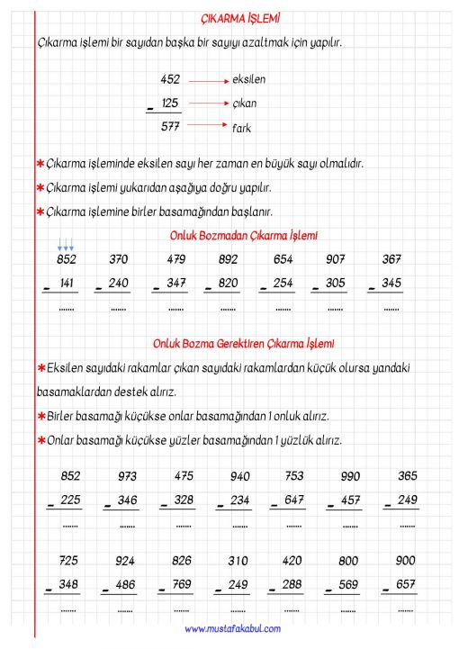  3.Sınıf Çıkarma İşlemi Defter Notu ve Konu Özeti