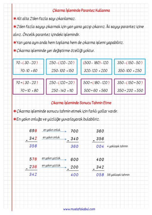 3.Sınıf Çıkarma İşlemi Defter Notu ve Konu Özeti