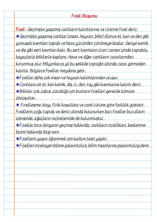  3.Sınıf Fosillerin Oluşumu Defter Notu ve Konu Özeti 