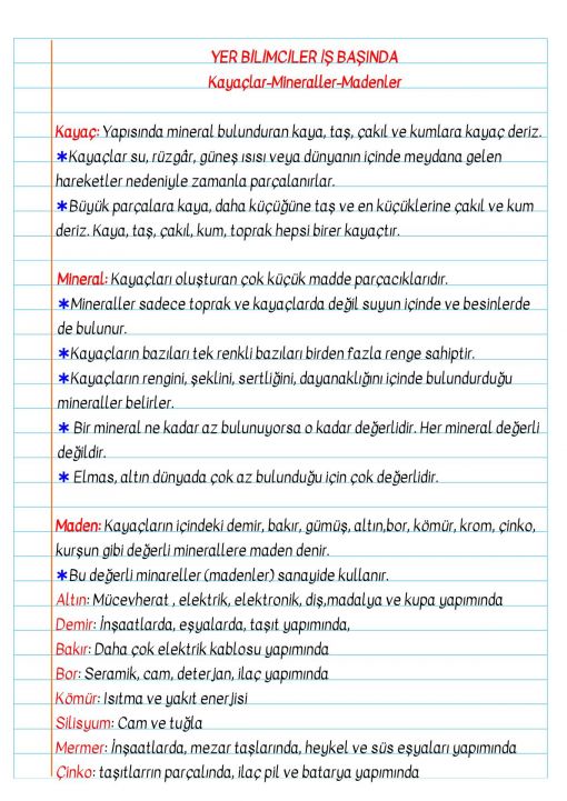  3.Sınıf Yer Bilimciler İş Başında Defter Notu