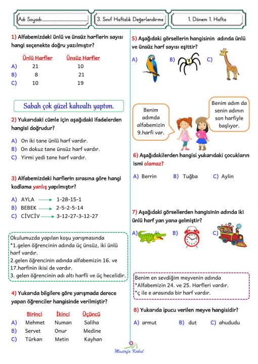  3.Sınıf  Haftalık Süreç Değerlendirme Sınavı