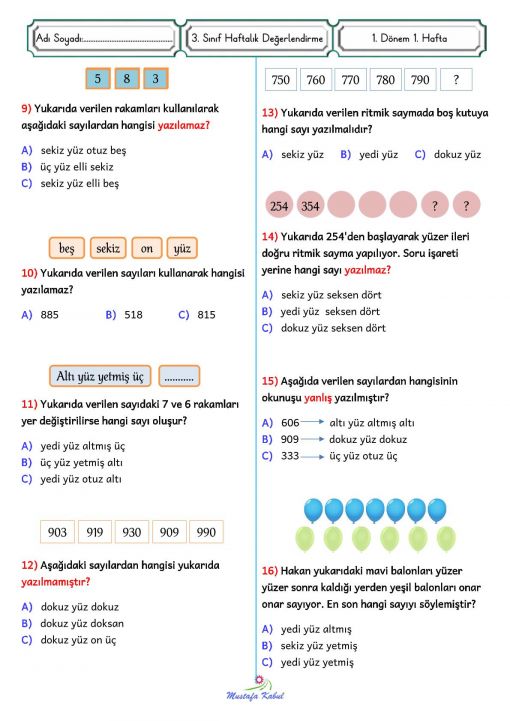  3.Sınıf  Haftalık Süreç Değerlendirme Sınavı