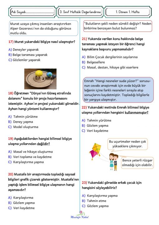  3.Sınıf  Haftalık Süreç Değerlendirme Sınavı