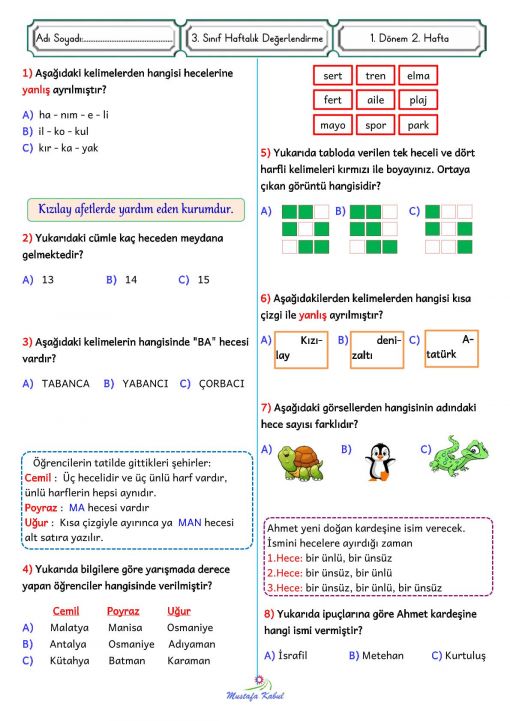  3.Sınıf  Haftalık Süreç Değerlendirme Sınavı