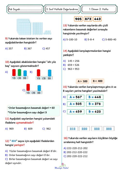   3.Sınıf  Haftalık Süreç Değerlendirme Sınavı