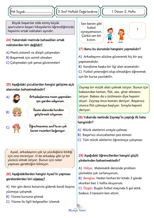   3.Sınıf  Haftalık Süreç Değerlendirme Sınavı