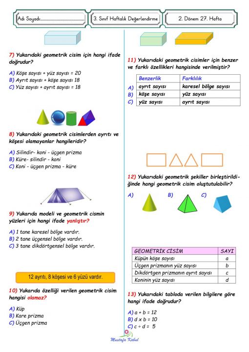  3.Sınıf Matematik Geometrik Cisimler