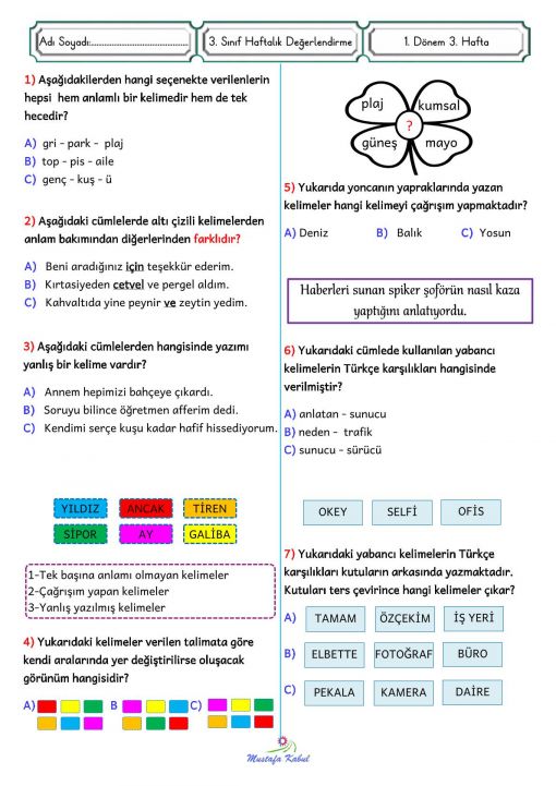  3.Sınıf  Haftalık Süreç Değerlendirme Sınavı