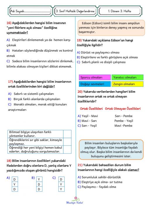  3.Sınıf  Haftalık Süreç Değerlendirme Sınavı