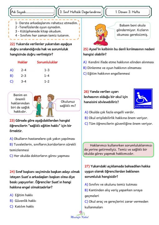  3.Sınıf  Haftalık Süreç Değerlendirme Sınavı