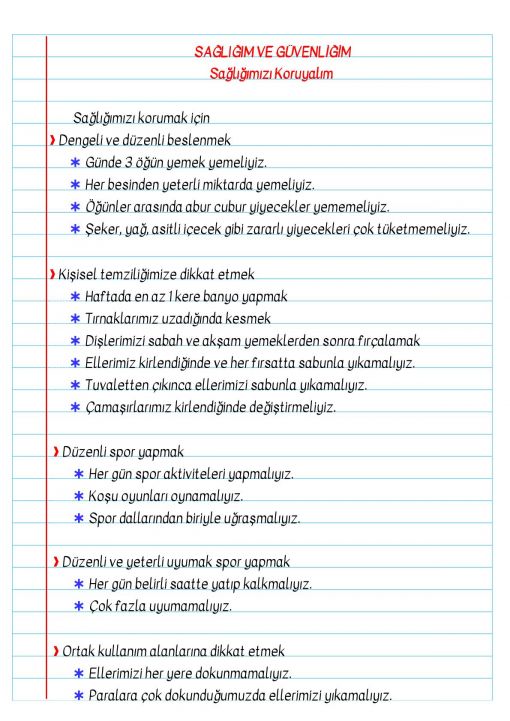  3.Sınıf Sağlığımızı Koruyalım Defter Notları