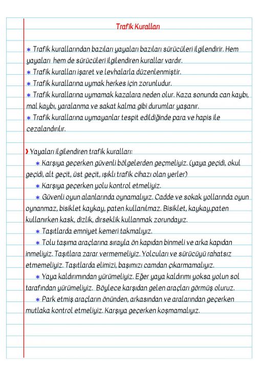 3.Sınıf Trafik Kuralları Defter Notu