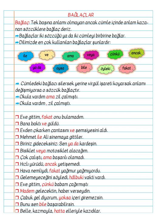  3.Sınıf Bağlaçlar Defter Notu ve Konu Özeti