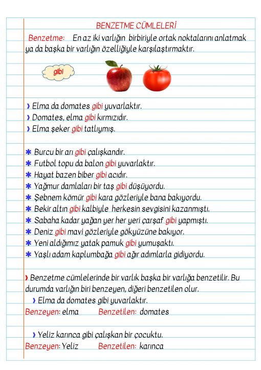 3.Sınıf Benzetme Cümleleri Defter Notu ve Konu Özeti