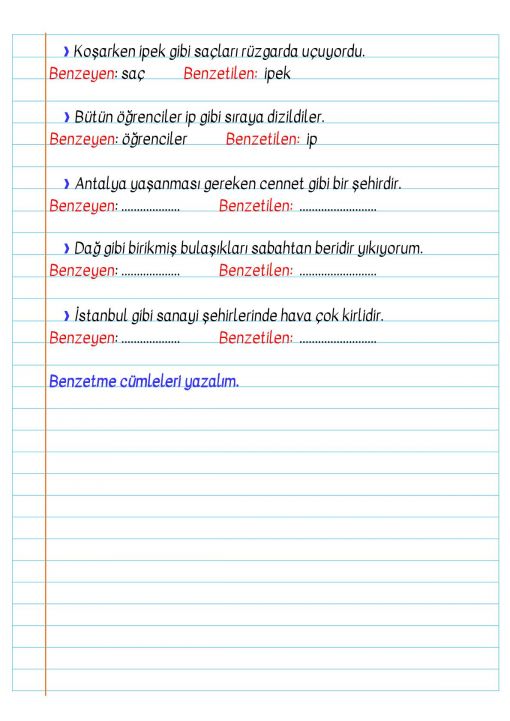 3.Sınıf Benzetme Cümleleri Defter Notu ve Konu Özeti