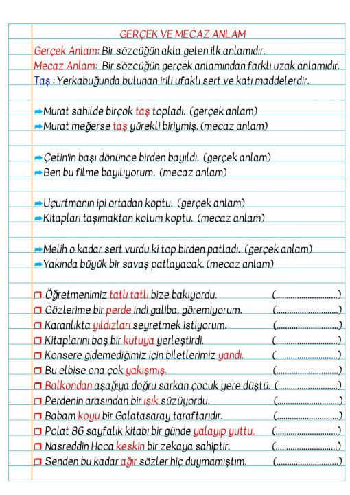 3.Sınıf Gerçek ve Mecaz Anlam Defter Notu
