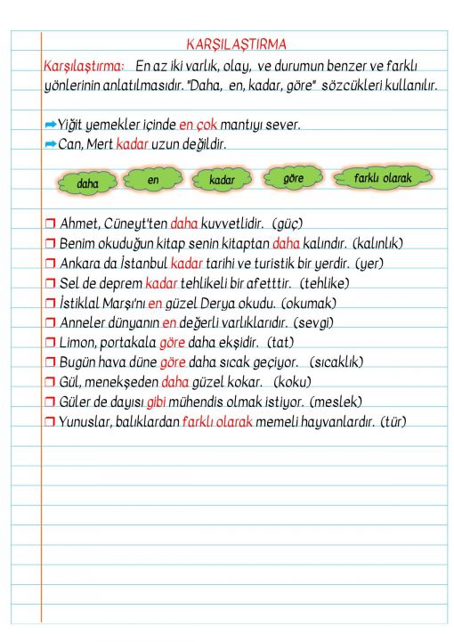 3.Sınıf Karşılaştırma Cümleleri Defter Notu ve Konu Özeti
