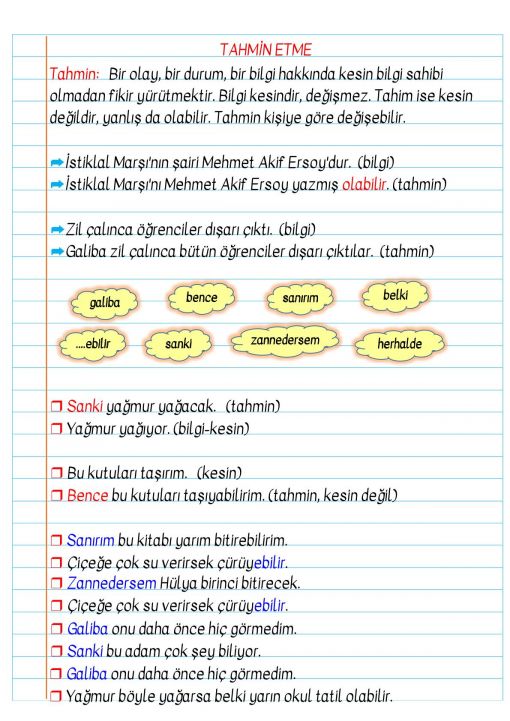 3.Sınıf Tahmin Etme Defter Notu ve Konu Özeti