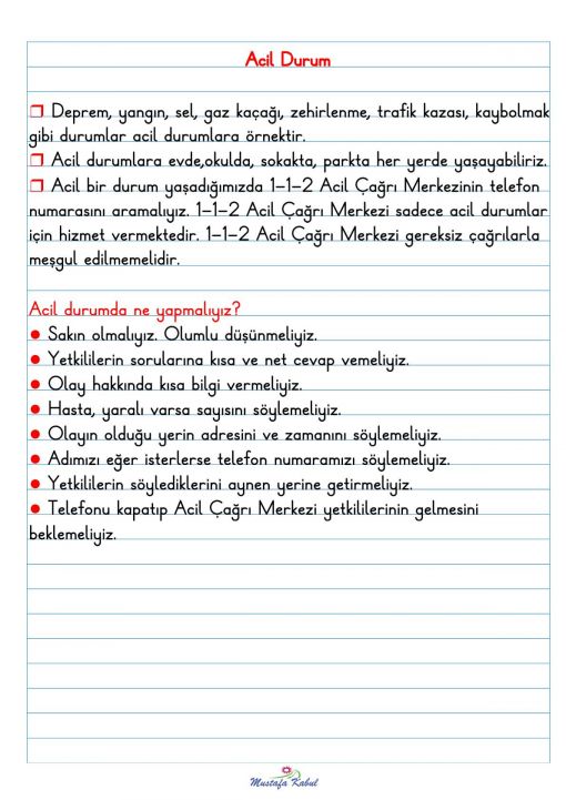 2.Sınıf Acil Durumlar Defter Notu 2.Sınıf Acil Durumlar Defter Notu