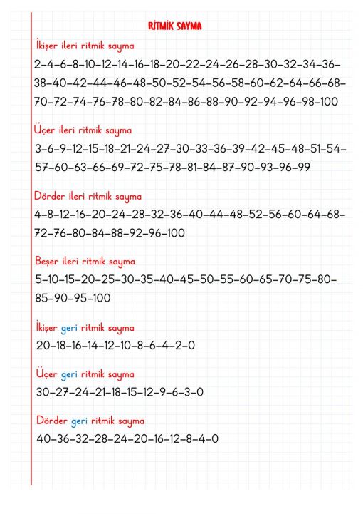 2.Sınıf Ritmik Sayma Defter Notu