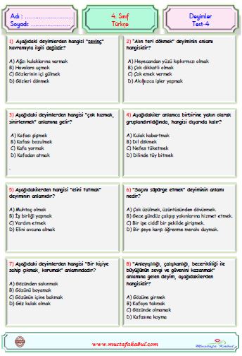   4.Sınıf Türkçe Deyimler ve Özdeyişler Test