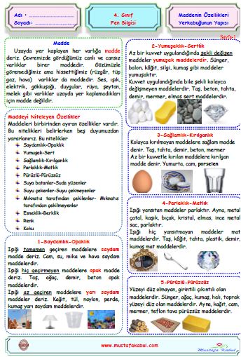  4.Sınıf Fen Bilgisi Maddenin Özellikleri