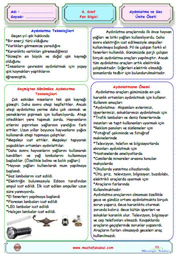  4.Sınıf Fen Bilgisi Aydınlatma ve Ses Teknolojileri