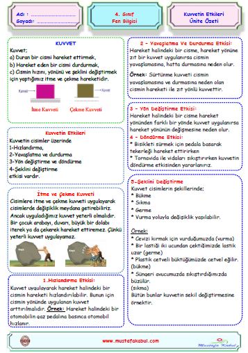  4.Sınıf Fen Bilgisi Kuvvetin Etkileri Ünite Özeti