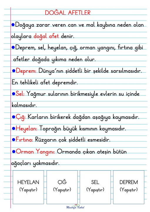  1.Sınıf Hayat Bilgisi Afetler Defter Notu