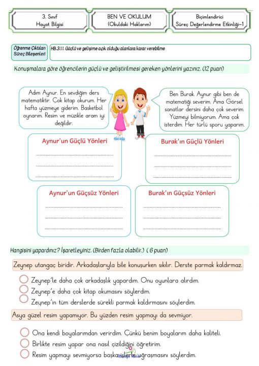 3.Sınıf Güçlü Alanlar Süreç Değerlendirme Etkinliği