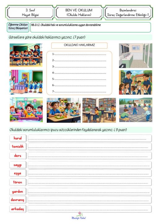 3.Sınıf Okuldaki Hak ve Sorumluluklar Süreç Değerlendirme Etkinliği
