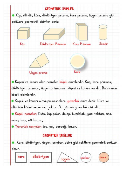 2.Sınıf Geometrik Şekiller Defter Notu