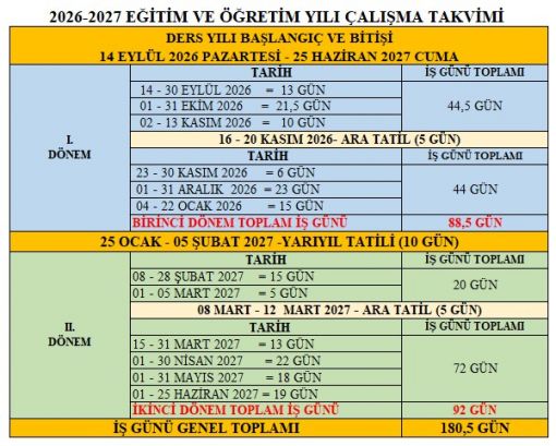  2026-2027 Eğitim Öğretim Yılı İş Takvimi