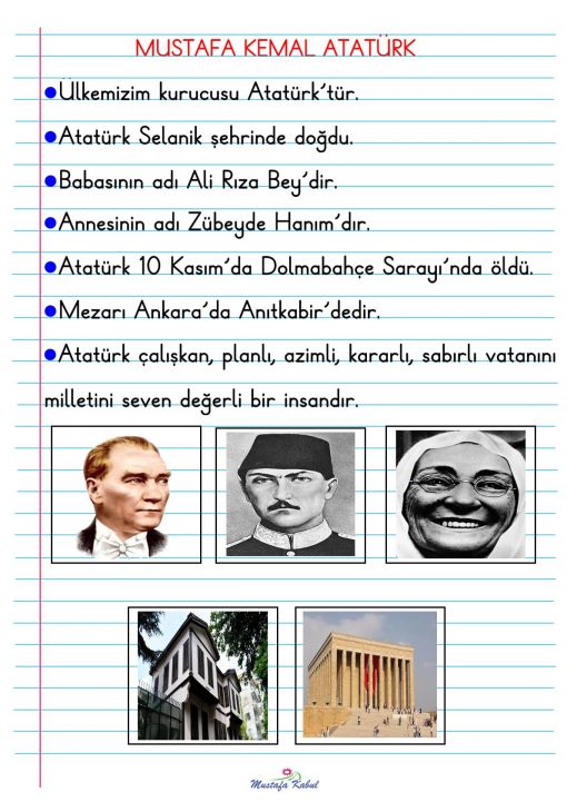     1.Sınıf Hayat Bilgisi Mustafa Kemal Atatürk Defter Notu
