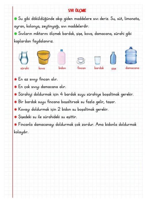  2.Sınıf Sıvı Ölçme Defter Notu