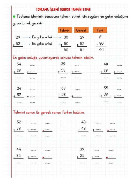 2.Sınıf Çıkarma İşlemi Sonucu Tahmin Etme Defter Notu