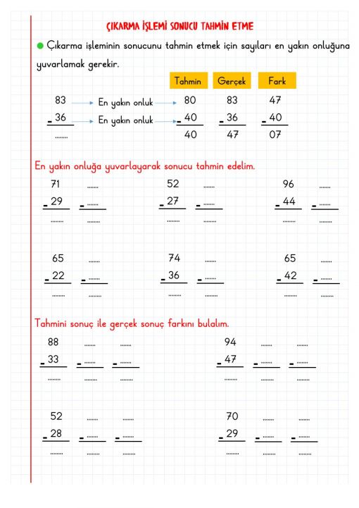 2.Sınıf Çıkarma İşlemi Sonucu Tahmin Etme Defter Notu 2.Sınıf Çıkarma İşlemi Sonucu Tahmin Etme Defter Notu